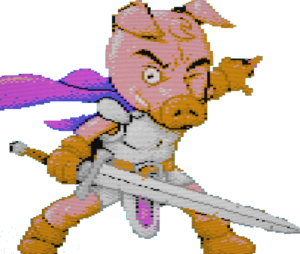 A humanoid pig wearing an armor and cape while wielding a sword. It points towards something