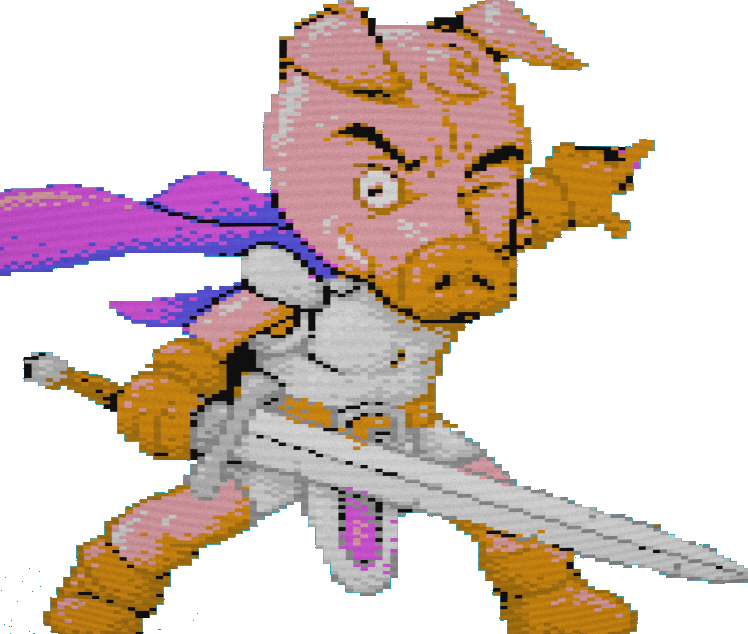 A humanoid pig wearing an armor and cape while wielding a sword. It points towards something