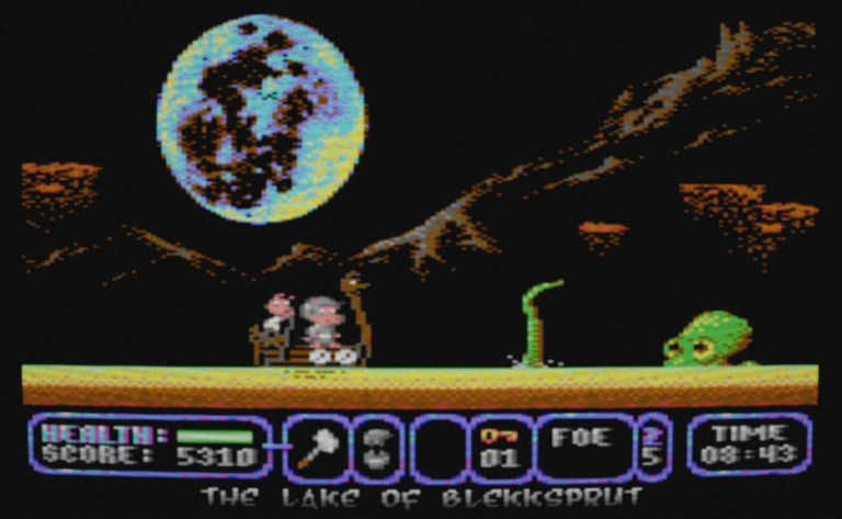 A yellowish lake with a large green squid in the middle. Frank is riding a boat with a mate and in the background a huge moon lits up the sky.