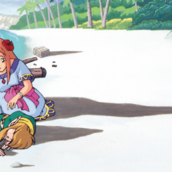 Link lying unconscious on a beach, with Marin leaning over him